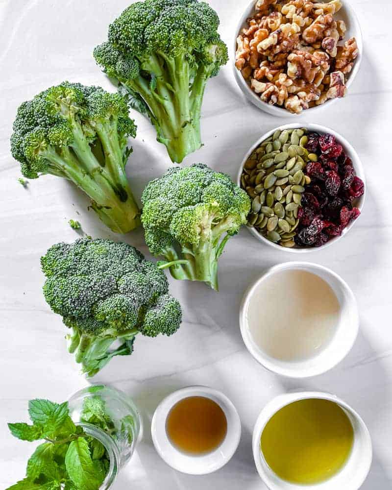 vegan Broccoli Salad Ingredients measured out against a white background
