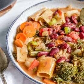 completed Vegan Minestrone Soup in a white bowl