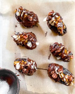 Pumpkin Stuffed Dates process showing 6 stuffed dates with chocolate on top 
