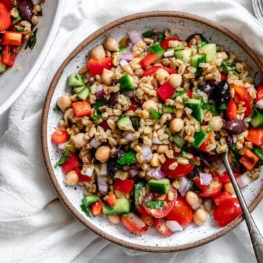 completed Mediterranean Farro Salad plated