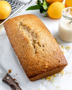 completed lemon loaf against a white background