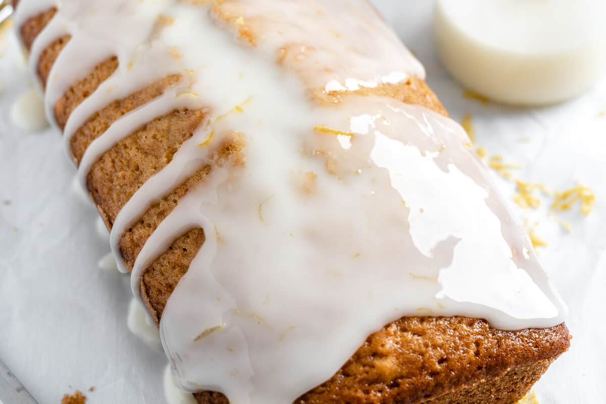 completed lemon loaf against a white background