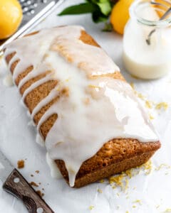 completed lemon loaf against a white background