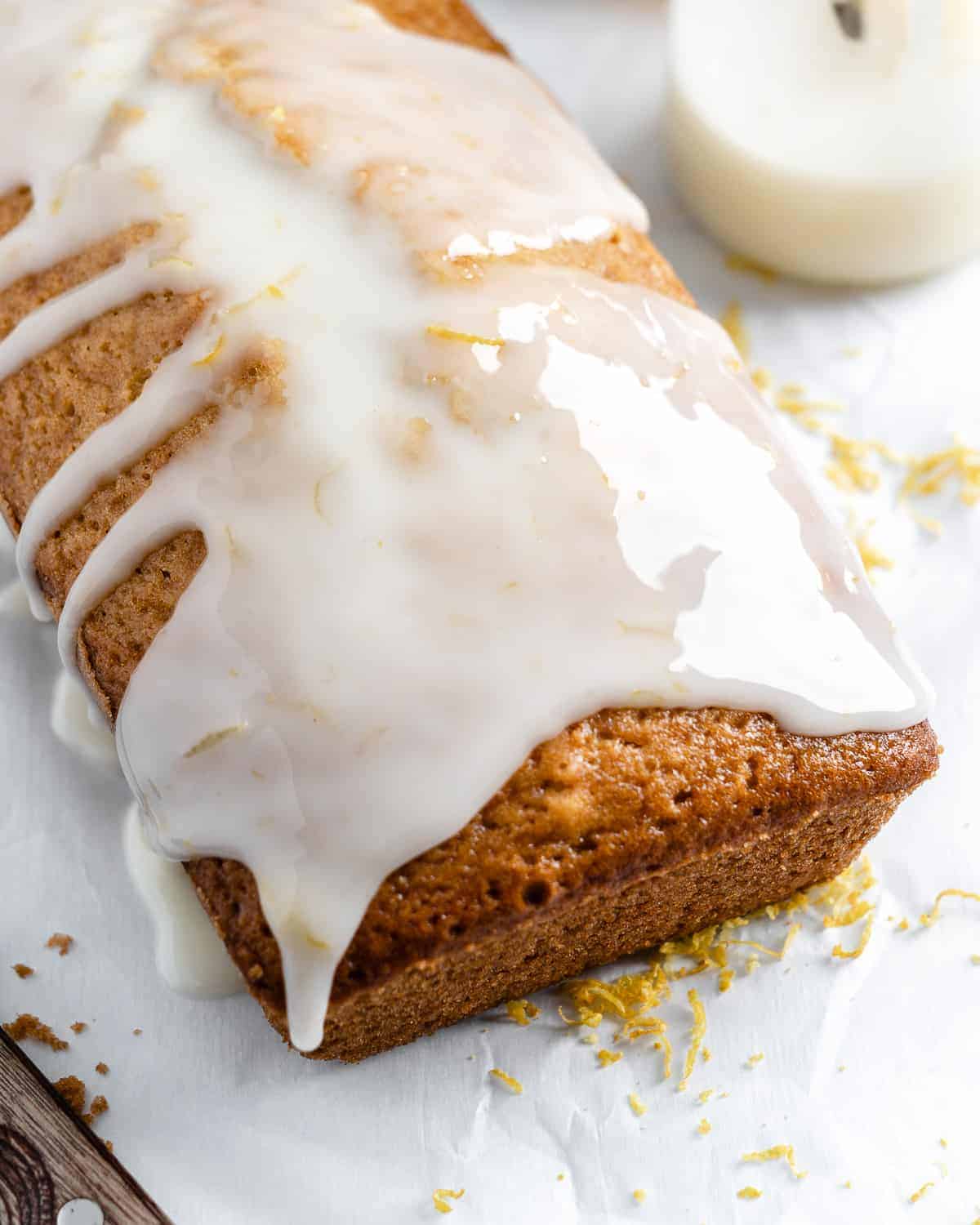 completed lemon loaf against a white background