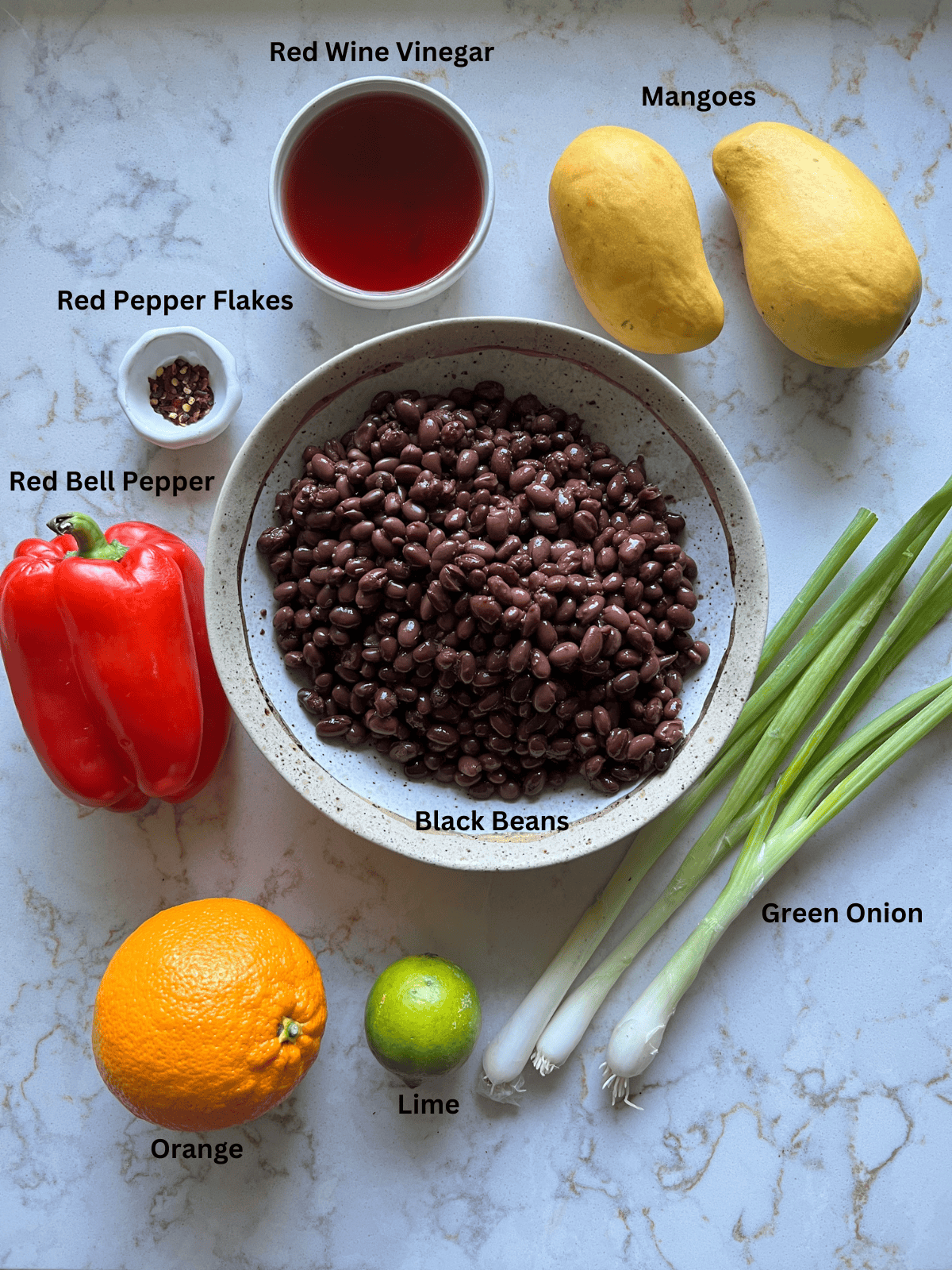 ingredients for mango bean salad measured out on a white surface