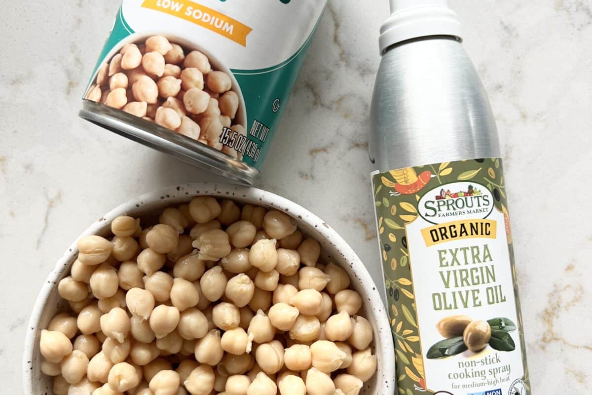 air fryer chickpea ingredients on a white marble surface