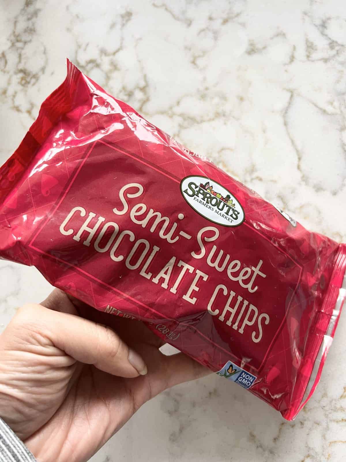 semi sweet chocolate chips red packaging against a white surface