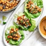 completed Tofu Lettuce Wraps with Peanut Sauce on platter