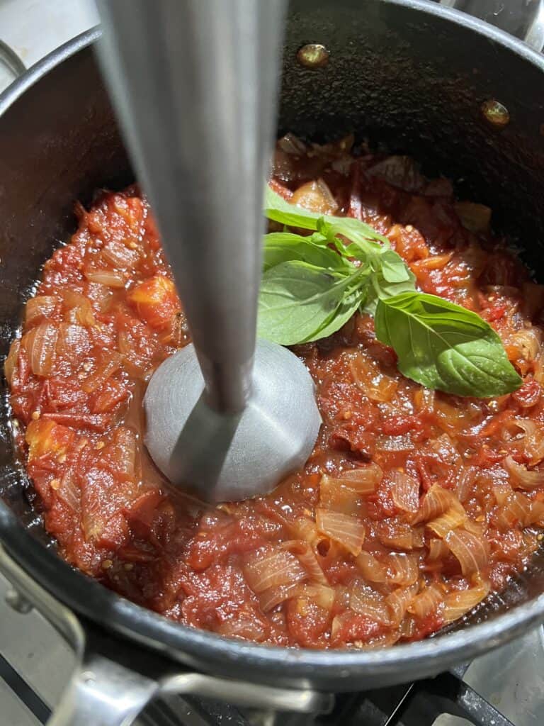 process of mixing sweet tomato chutney ingredients into a pot