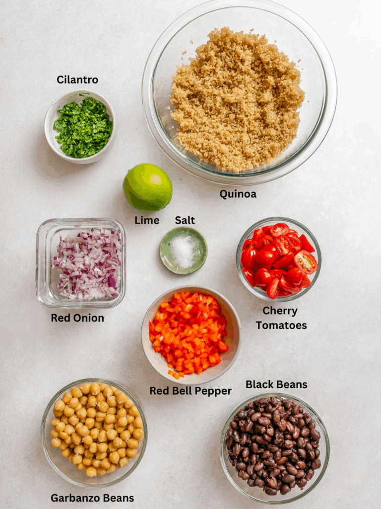 Ingredients for Southwest Quinoa Salad measured out on a white surface.