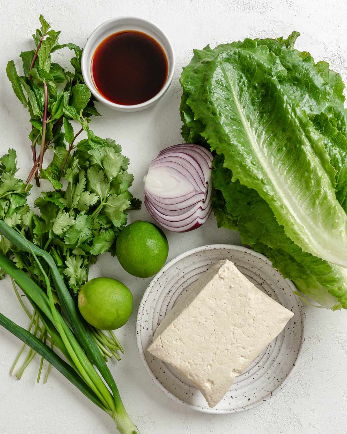 ingredients for larb salad measured out against a white surface