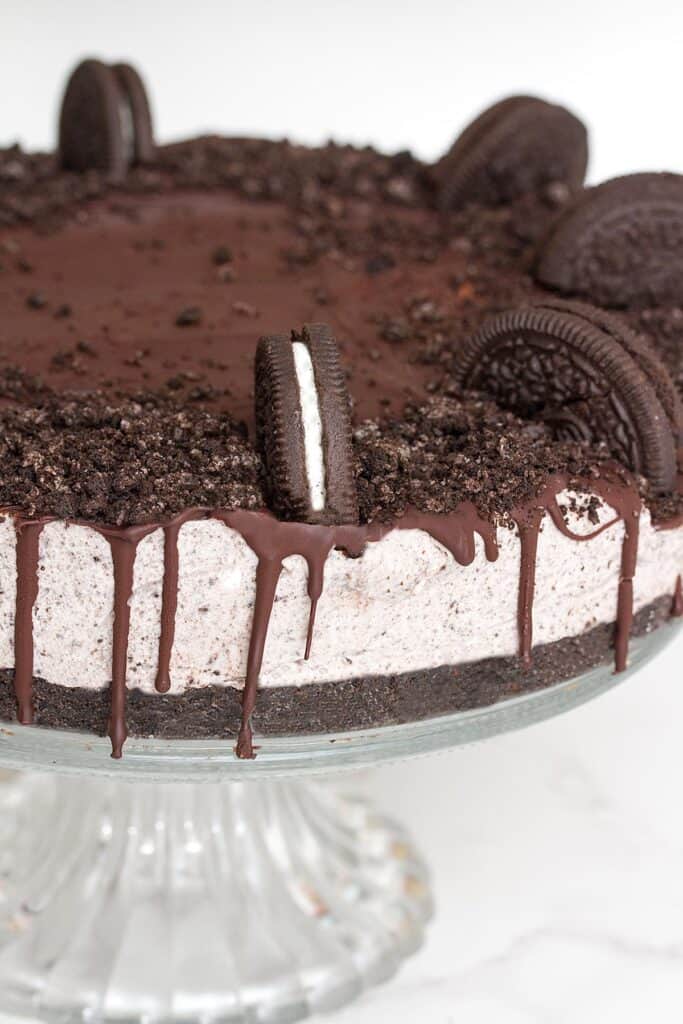 completed No Bake Oreo Cake close up against a white background