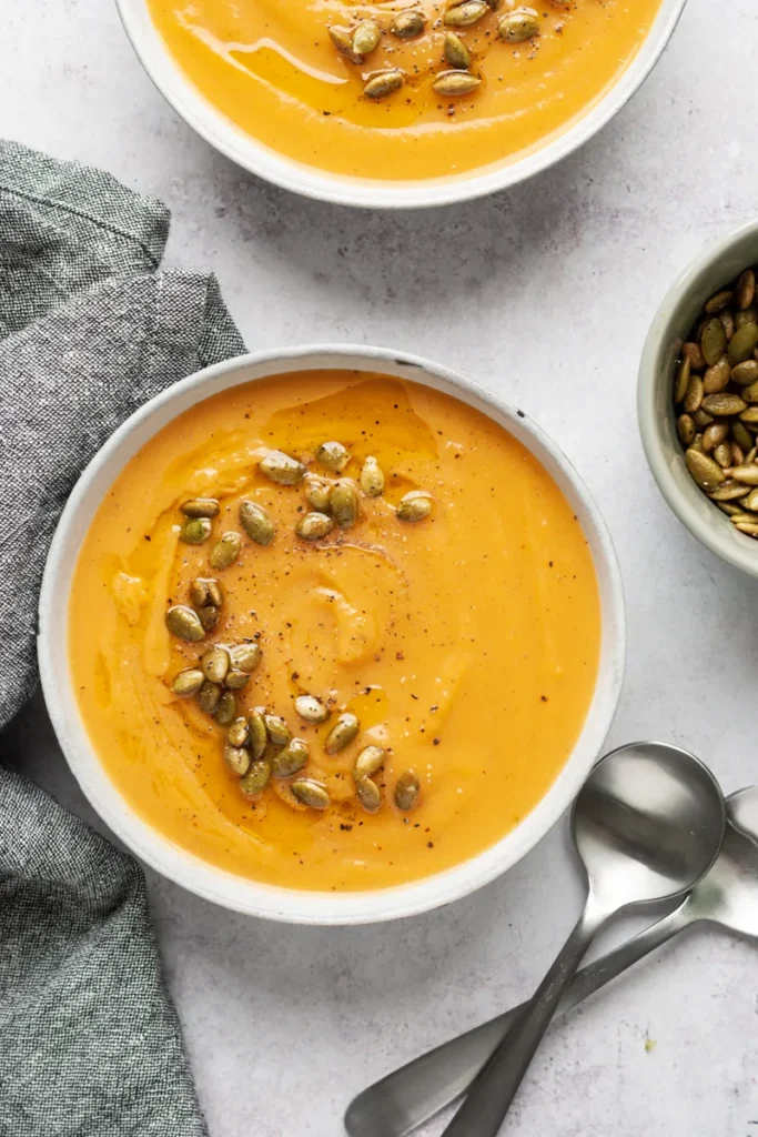 completed pumpkin soup in two white bowls against a whiet surface