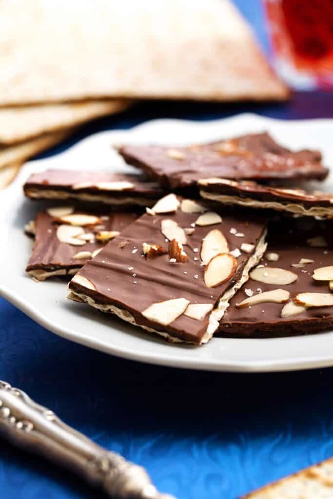 completed matzo toffee on a white plate