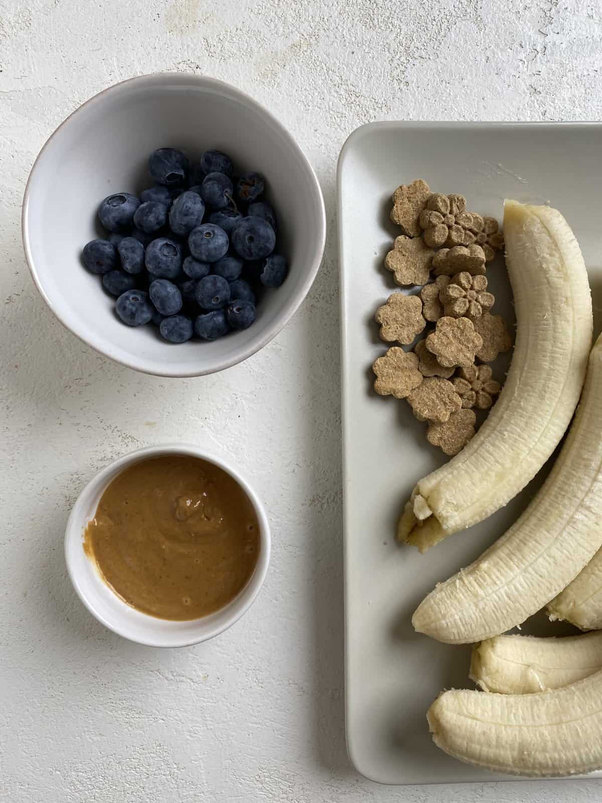 ingredients for Fruitables - Frozen Peanut Butter Banana Dog Treats spread out on a white surface