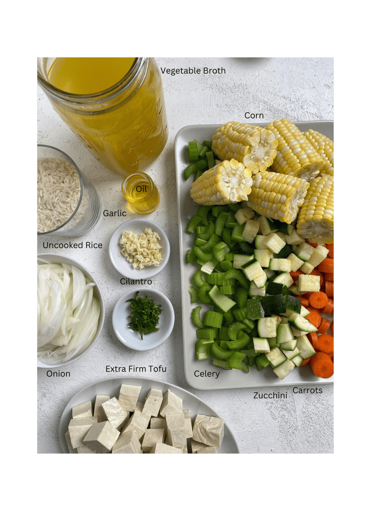 ingredients for Caldo de Tofu measured out against a white surface