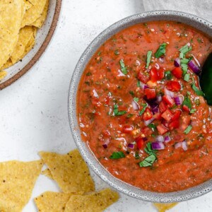 completed Fresh Summer Salsa in a bowl against a white background