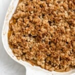 Completed Easy Pear Crisp [Vegan Pear Crumble] in a baking tray.