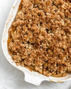 Completed Easy Pear Crisp [Vegan Pear Crumble] in a baking tray.