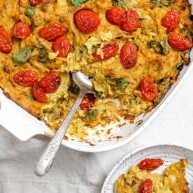completed Vegan Potato Frittata [Breakfast Casserole] in a baking tray against a light background