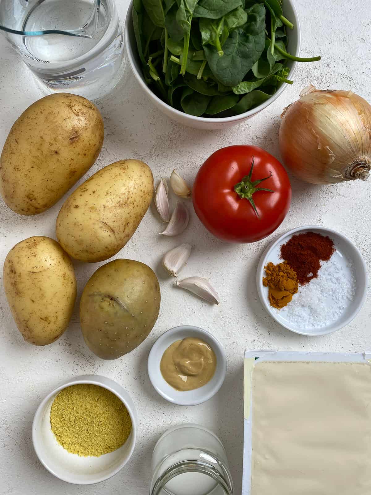 ingredients for Vegan Potato Frittata [Breakfast Casserole] against a white background