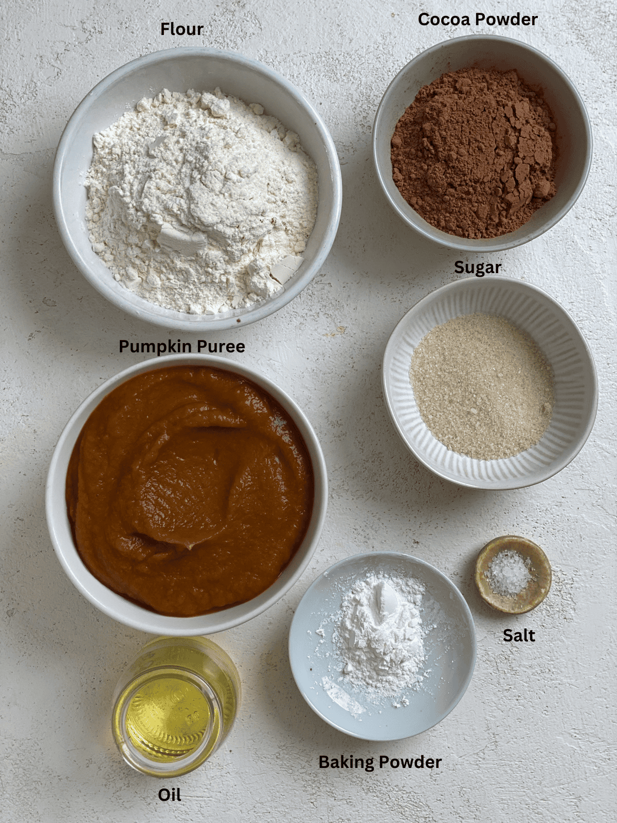 Ingredients for Easy Pumpkin Brownies measured out on a white surface.