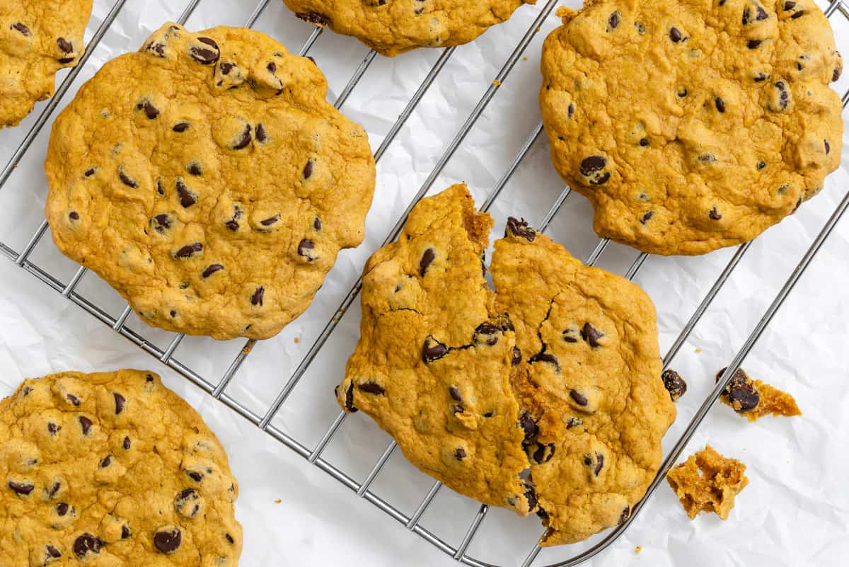 completed Vegan Pumpkin Chocolate Chip Cookies on a wire rack
