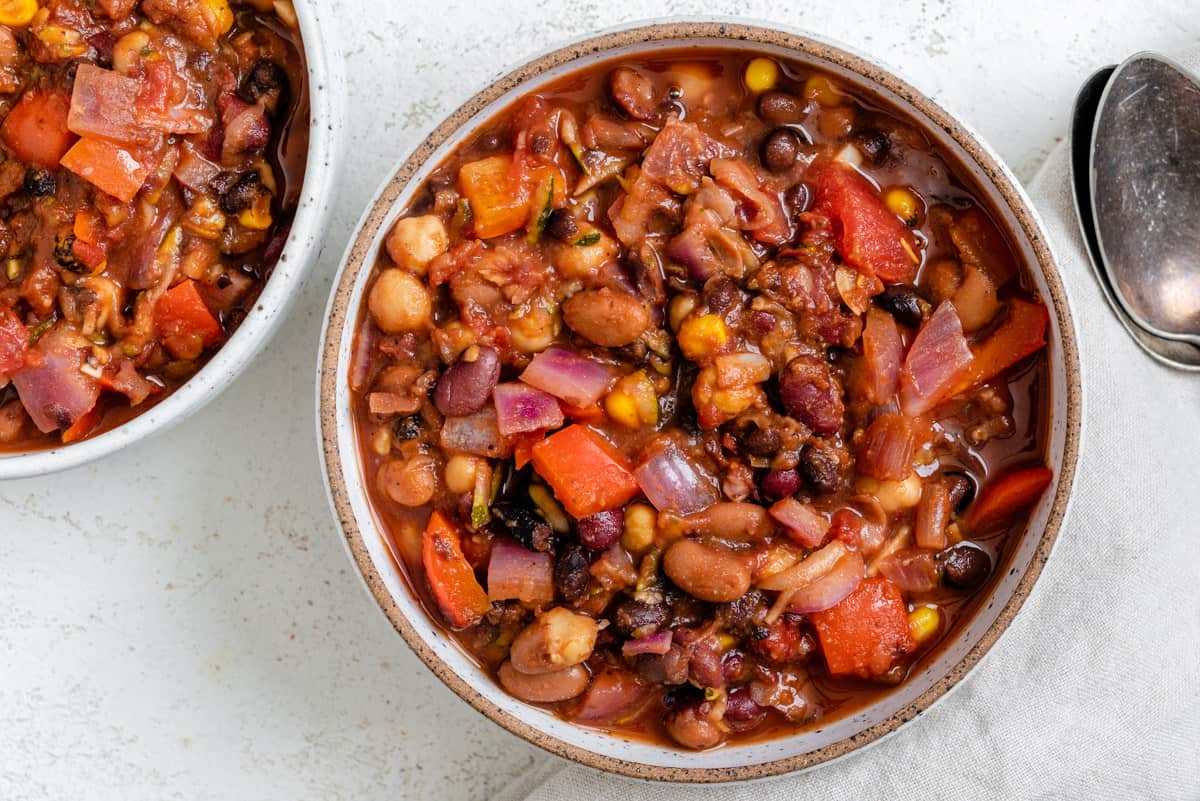 completed Vegan Bean Chili plated in a bowl against a light background