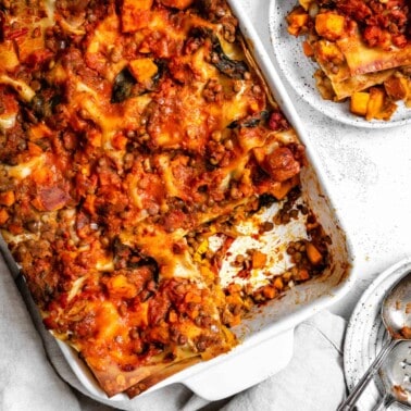 completed Easy Sweet Potato Lasagna in a baking dish against a white surface