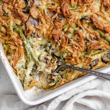 completed Dairy-Free Green Bean Casserole in a white baking dish