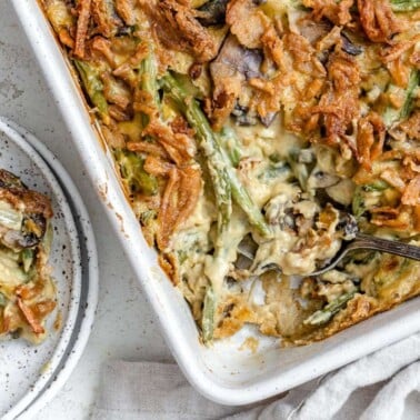 completed Dairy-Free Green Bean Casserole in a white baking dish