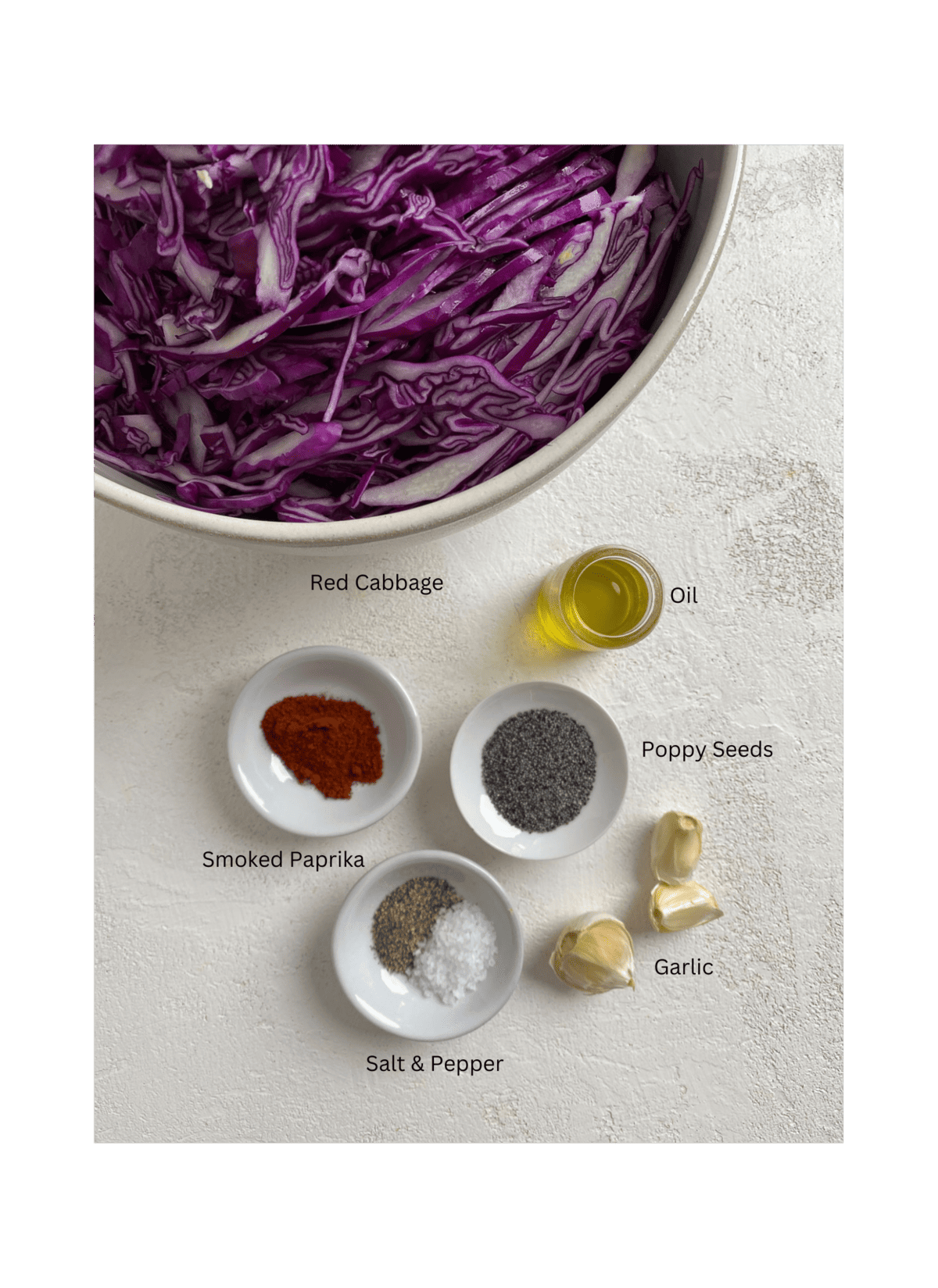 ingredients for Easy Vegan Fried Cabbage measured out against a light surface