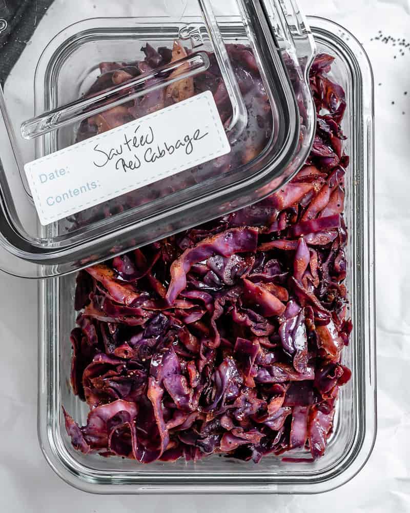 completed Sautéed Red Cabbage [4 Ways] in a storage container