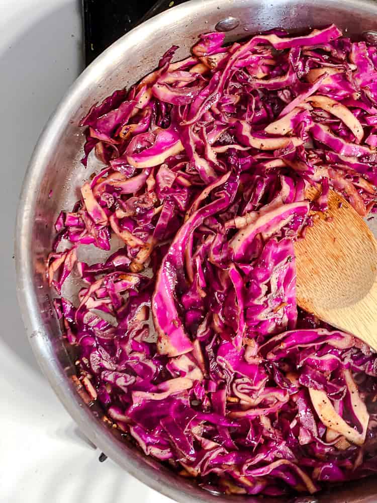 process shot of stirring ingredients in pan