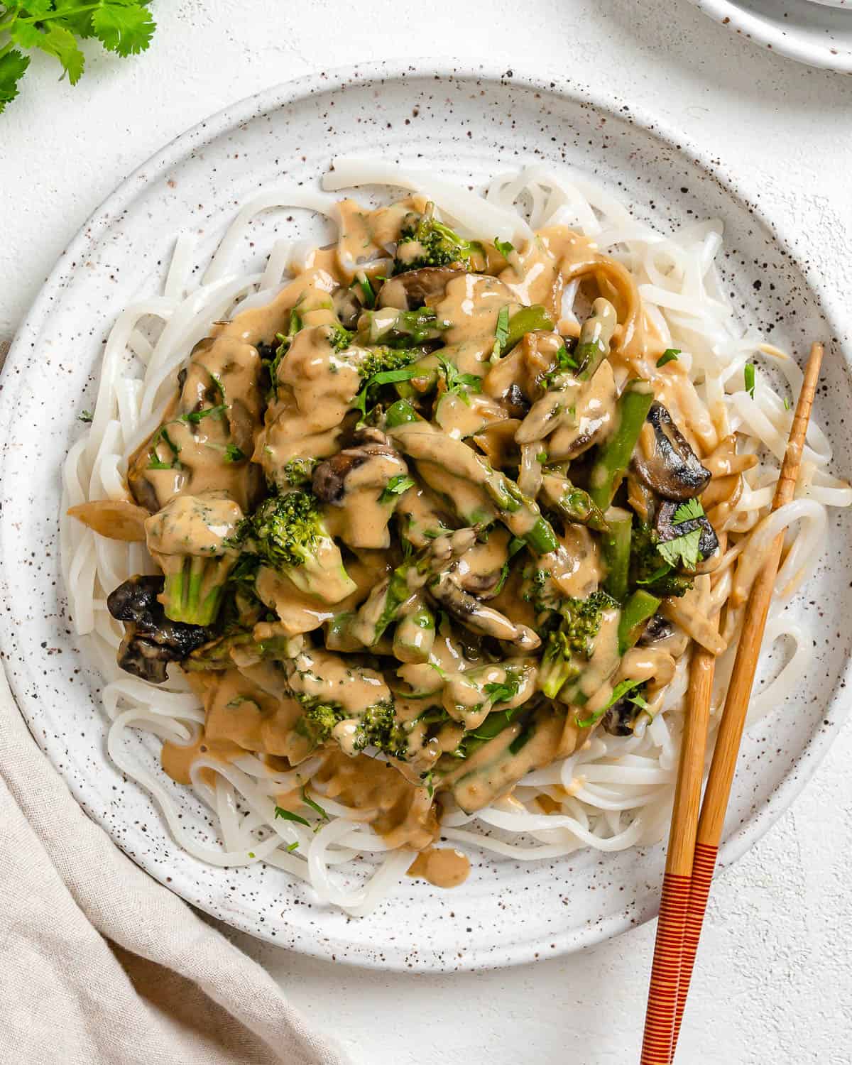 completed Creamy Rice Noodle Stir Fry plated against a white surface