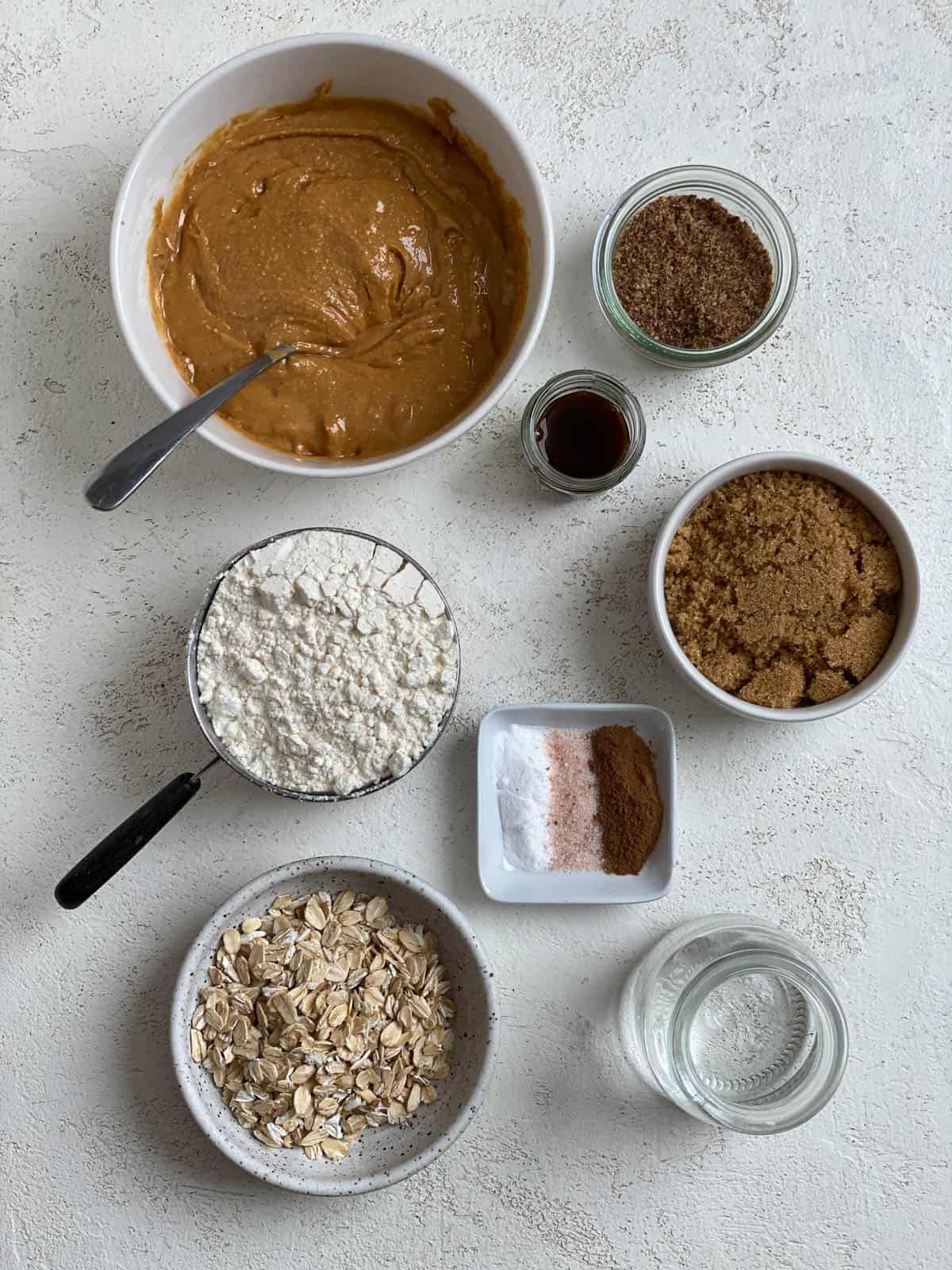 ingredients for Vegan Peanut Butter Cookies [With Filling| Sandwich Cookies] measured out against a white background