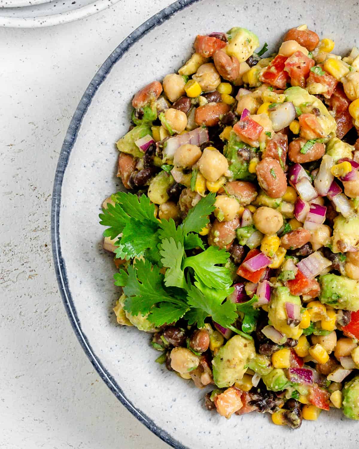 completed Texas Caviar [Avocado Corn and Bean Salad] in a white plate against a light background