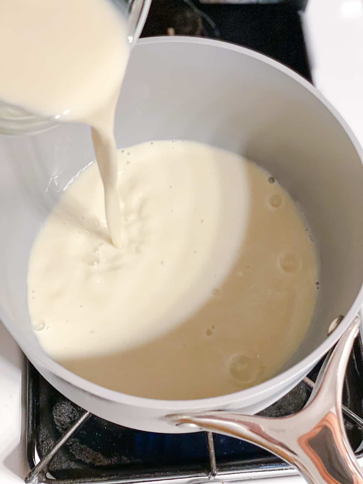 process shot of adding plant-based milk to pot
