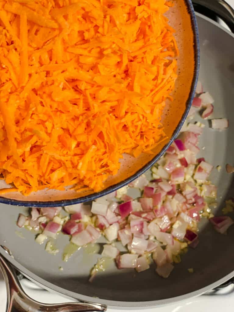 process shot of adding sweet potato to pan