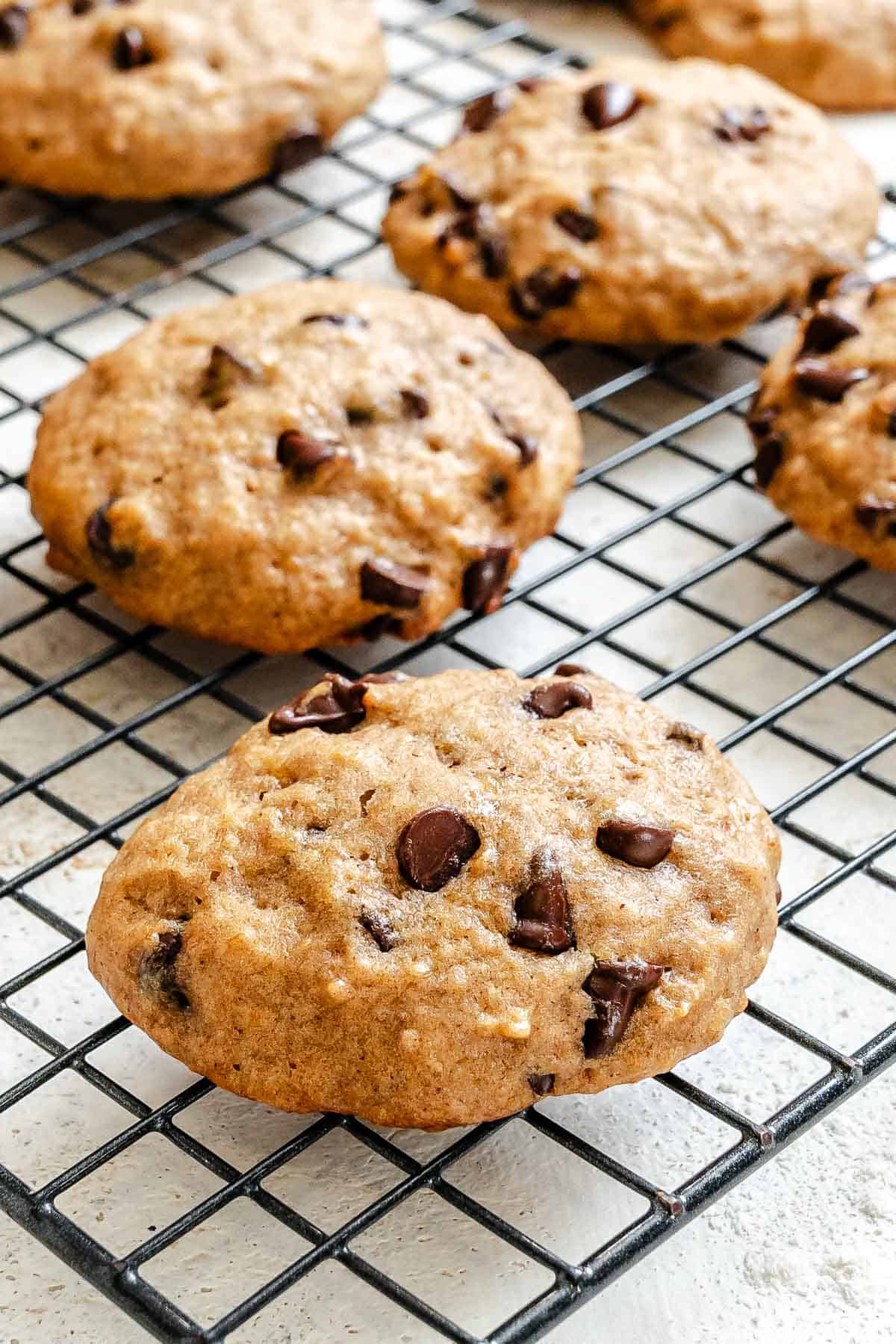 Completed Banana Bread cookies on a storage rack.