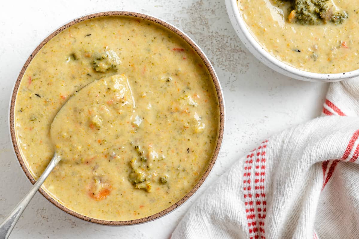 completed Cream of Broccoli Soup against a white background