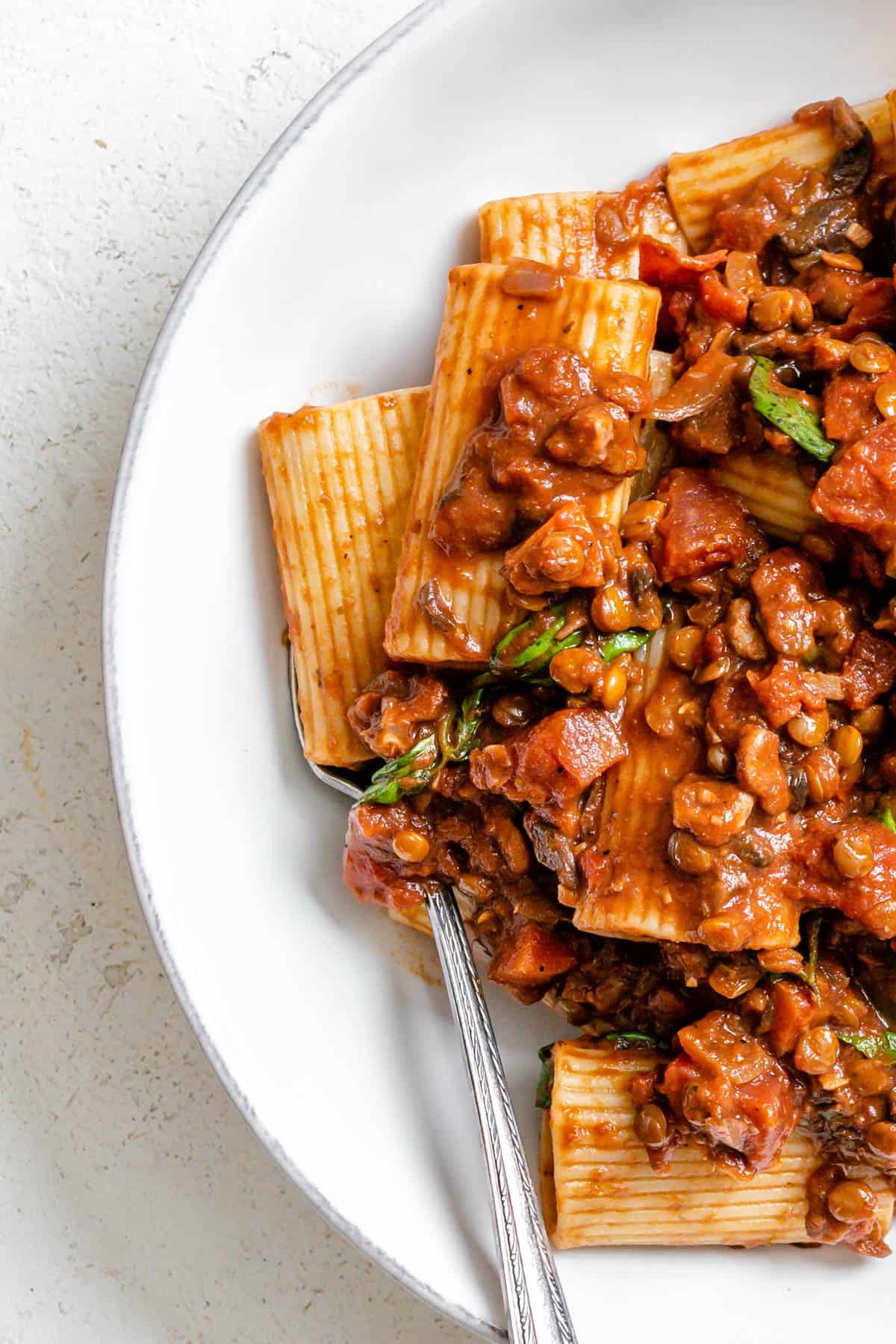 completed Vegan Lentil Bolognese plated on a white plate against a white background