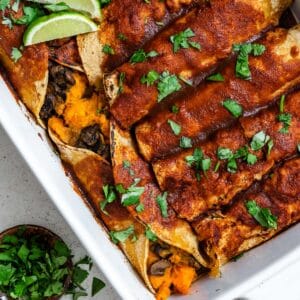 completed Sweet Potato Enchiladas in a baking dish