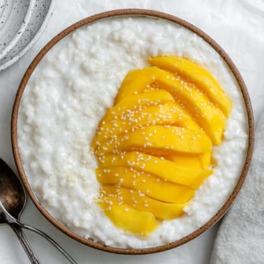 completed Thai Mango Sticky Rice against a white surface