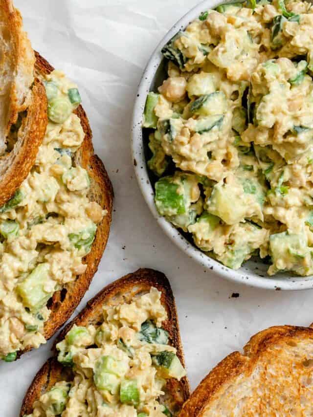 completed bowl of Plant-Based Chickpea Tuna Salad against a white surface
