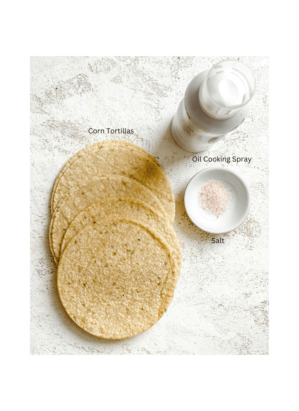 Measure ingredients for Air Fryer tortilla chips on a white surface