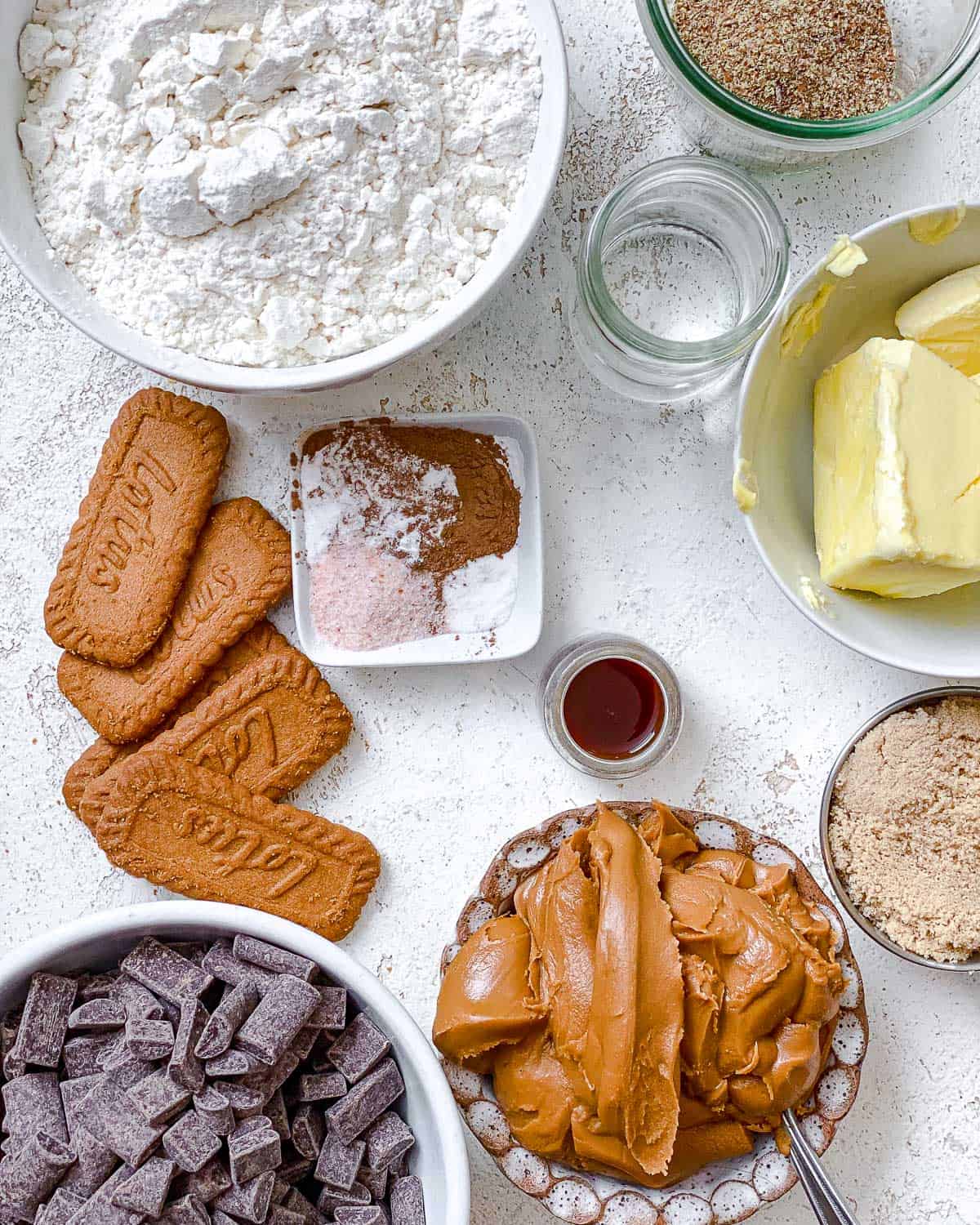 ingredients for Vegan Biscoff Blondies measured out against a white surface