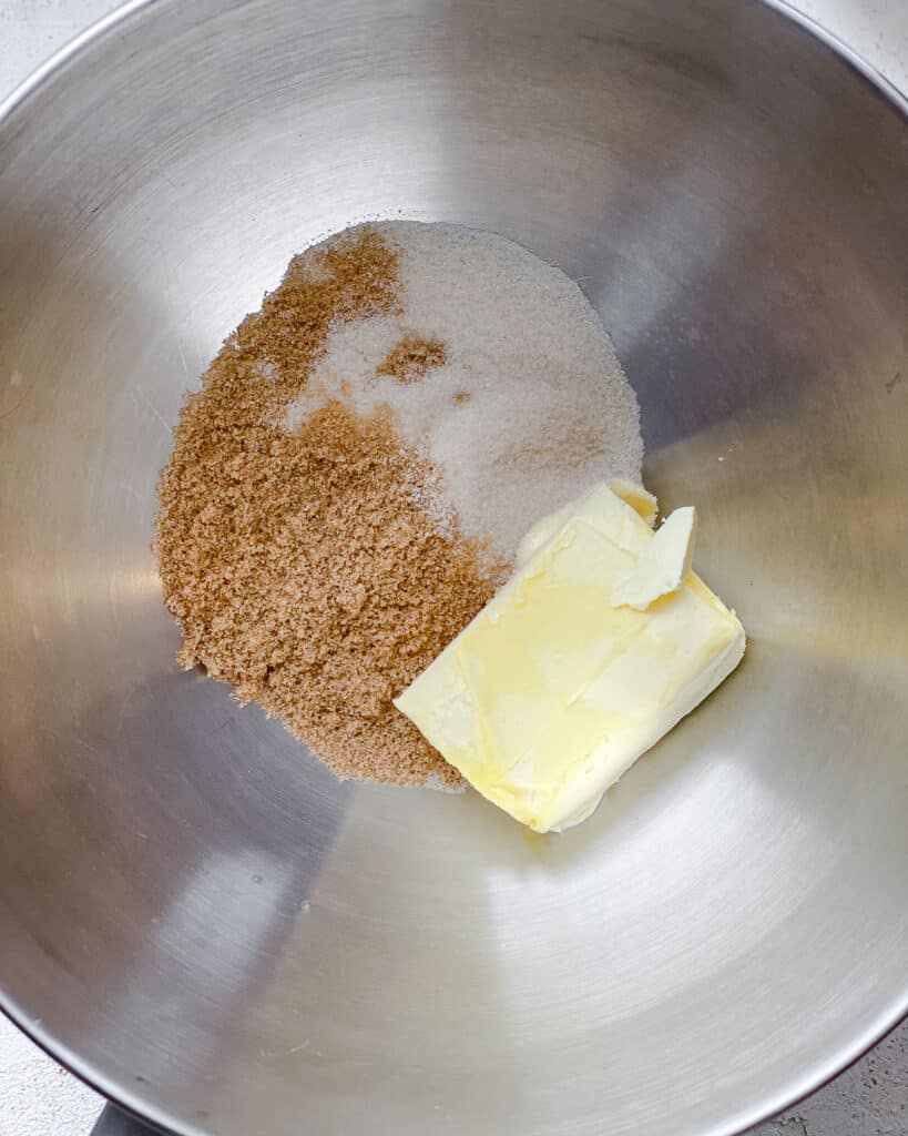 process shot of adding sugar and vegan butter to bowl