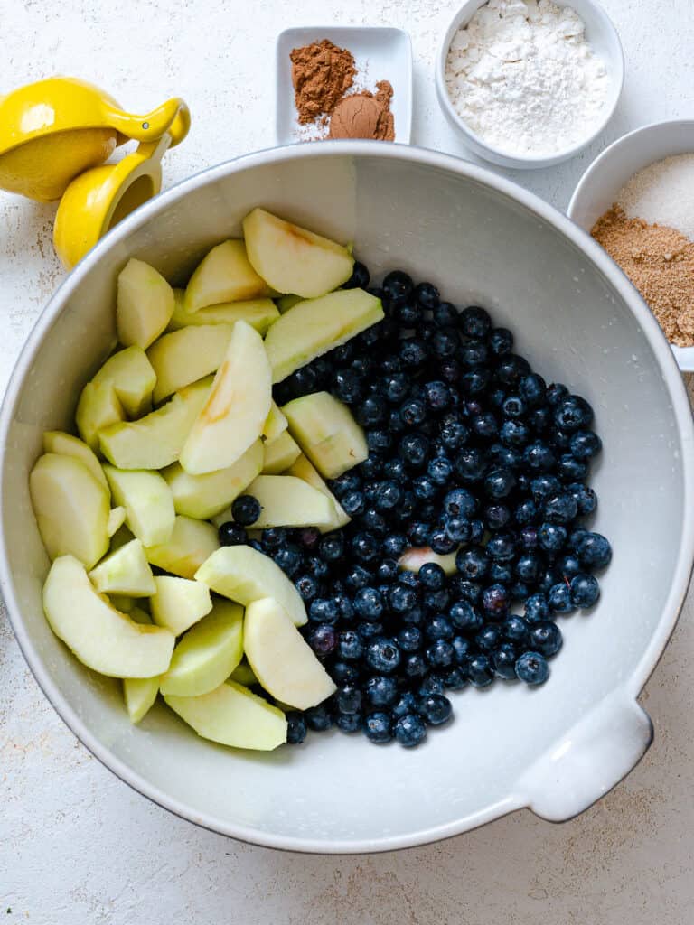 sliced apples and blueberries in white bowl