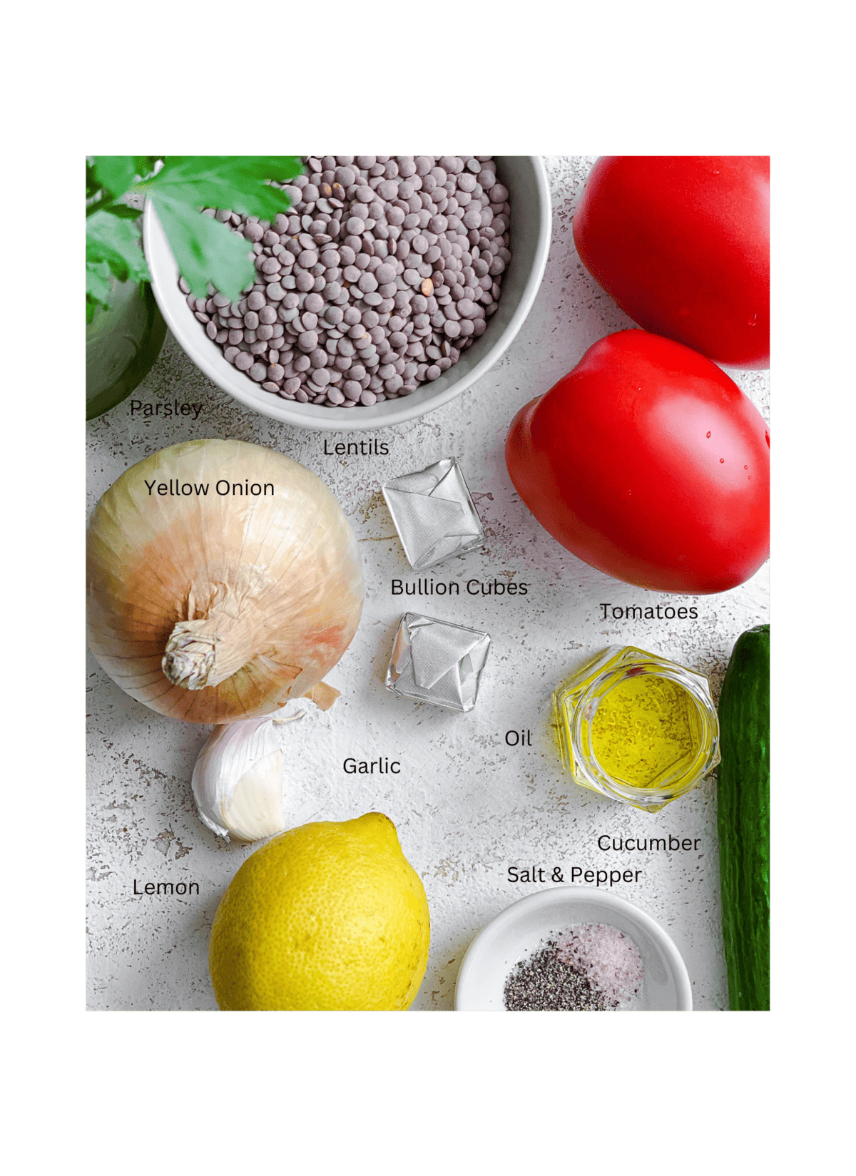ingredients for Lentil Tabbouleh measured out against a white surface